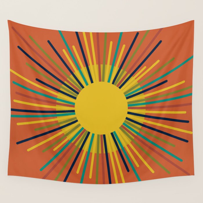 Sun 2 - Mid Mod Multicolor Sunburst on Orange Wall Tapestry Gallery Image 4