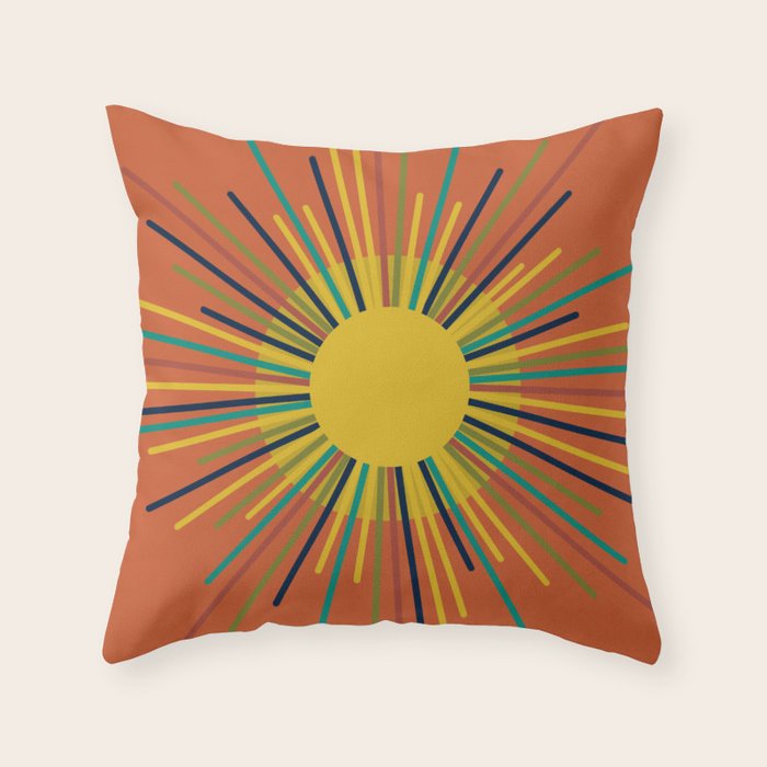 Sun 2 - Mid Mod Multicolor Sunburst on Orange Throw Pillow Gallery Image 6