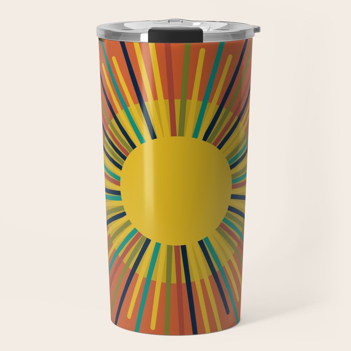 Sun 2 - Mid Mod Multicolor Sunburst on Orange Travel Mug Gallery Image 1