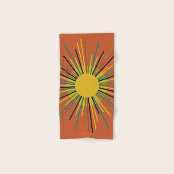 Sun 2 - Mid Mod Multicolor Sunburst on Orange Bath Towel Gallery Image 1