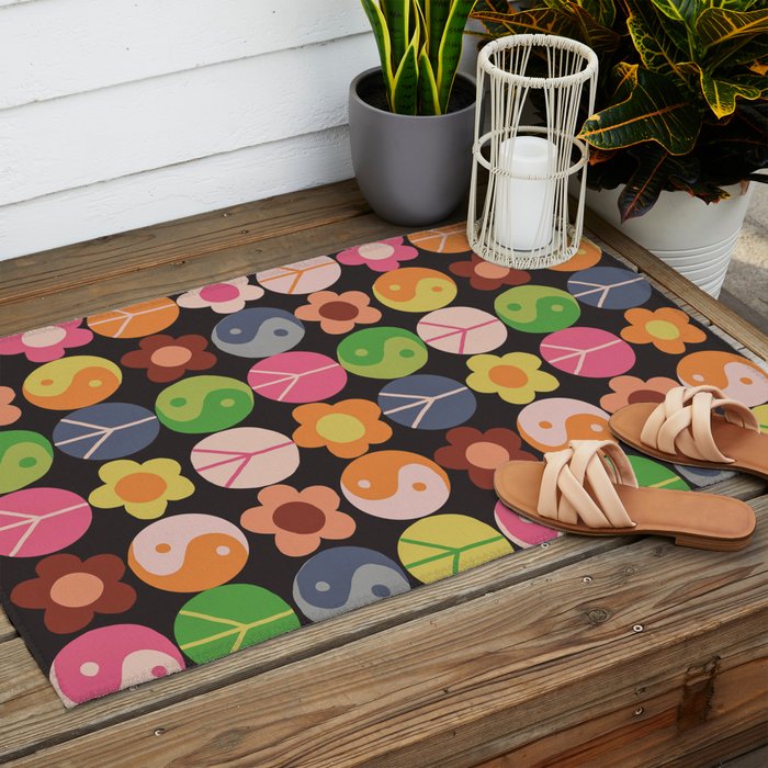 Flower power black Outdoor Rug Gallery Image 2