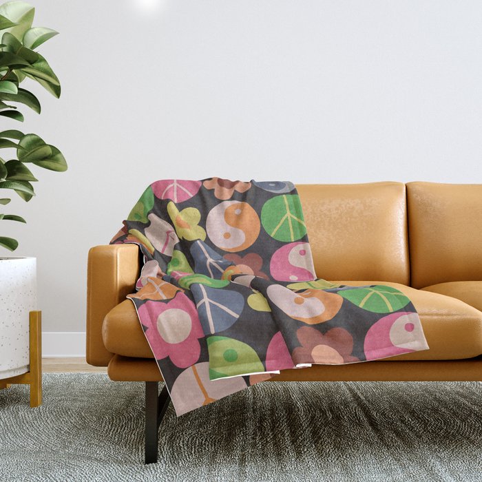 Flower power black Throw Blanket Gallery Image 1