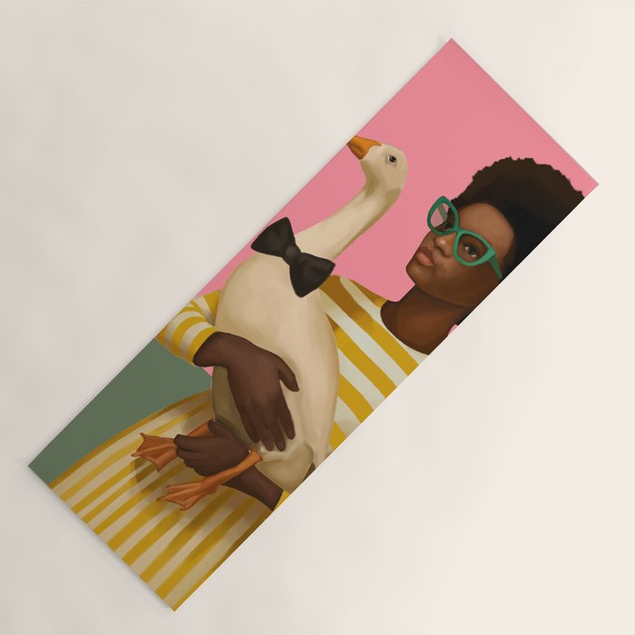 Stylish Woman Holding Goose in Striped Dress Yoga Mat Gallery Image 1