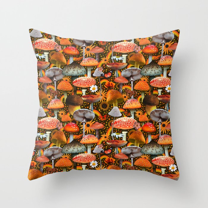 Mushroom Collage Print in Green Throw Pillow Gallery Image 1