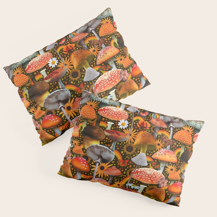 Mushroom Collage Print in Green Pillow Sham Gallery Image 3