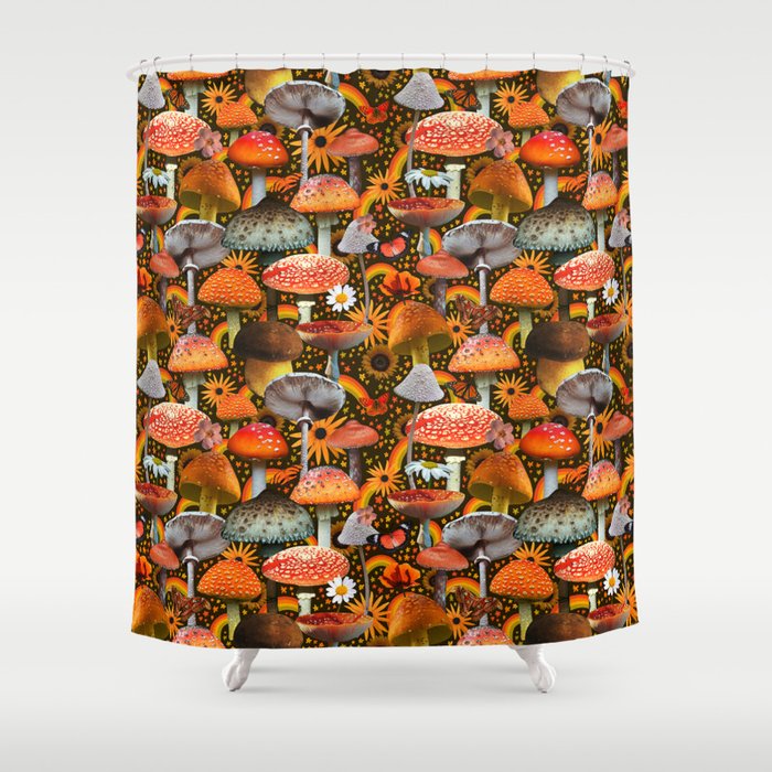 Mushroom Collage Print in Green Shower Curtain Gallery Image 1