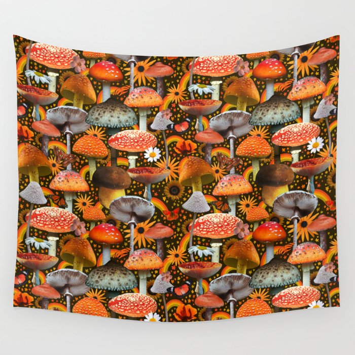 Mushroom Collage Print in Green Wall Tapestry Gallery Image 1