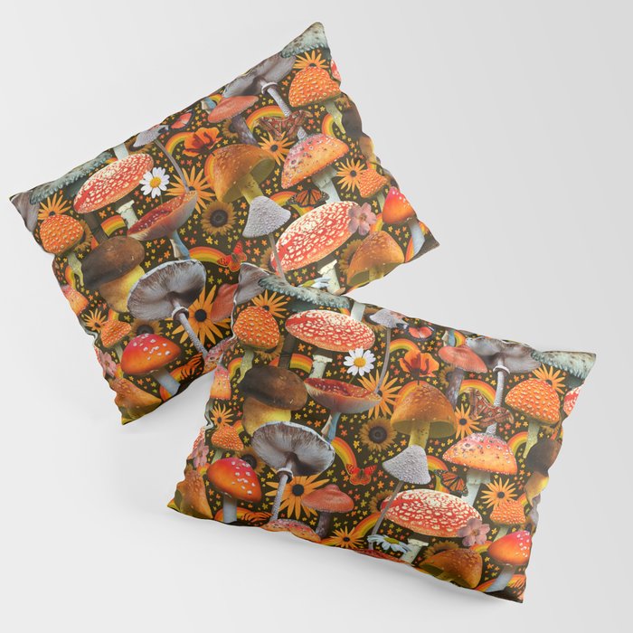 Mushroom Collage Print in Green Pillow Sham Gallery Image 1