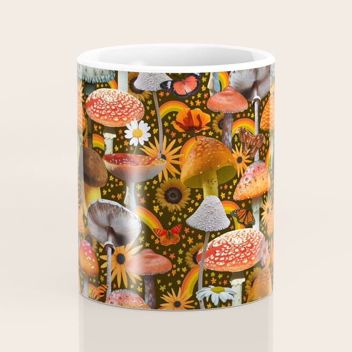 Mushroom Collage Print in Green Coffee Mug Gallery Image 4