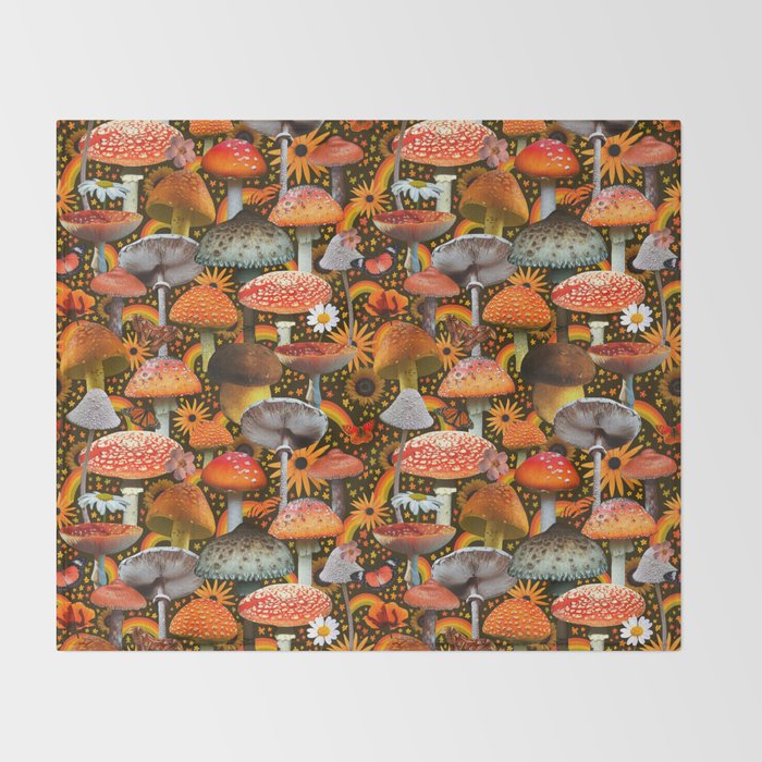 Mushroom Collage Print in Green Throw Blanket Gallery Image 2