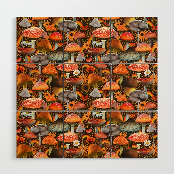 Mushroom Collage Print in Green Wood Wall Art Gallery Image 1