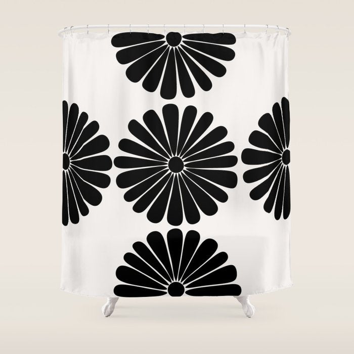 Retro Daisy Abstract I Black and White Bold Floral Shower Curtain Gallery Image 1