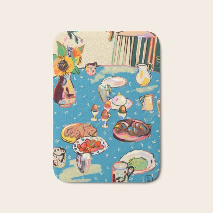 BREAKFAST IN THE GARDEN WITH SUNFLOWERS AND CROISSANTS Bath Mat Gallery Image 1