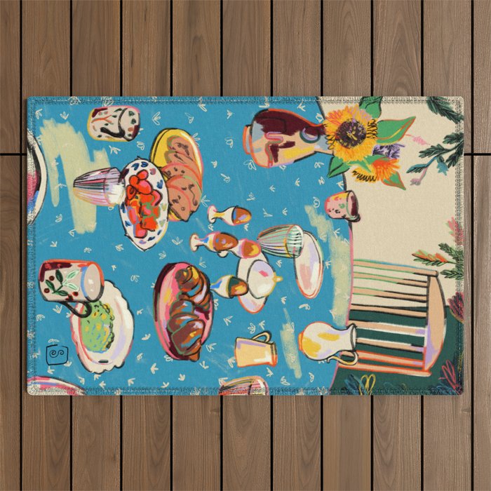 BREAKFAST IN THE GARDEN WITH SUNFLOWERS AND CROISSANTS Outdoor Rug Gallery Image 1