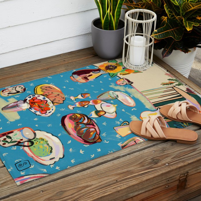 BREAKFAST IN THE GARDEN WITH SUNFLOWERS AND CROISSANTS Outdoor Rug Gallery Image 2