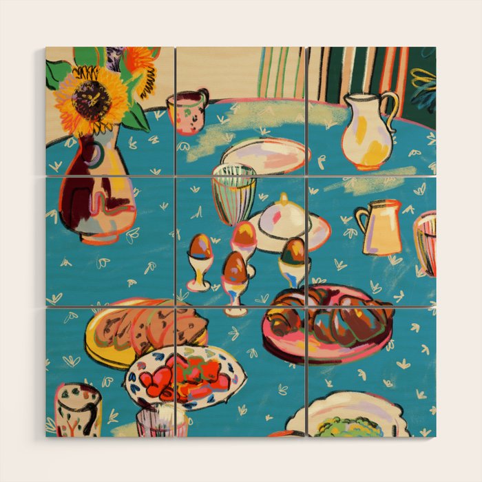 BREAKFAST IN THE GARDEN WITH SUNFLOWERS AND CROISSANTS Wood Wall Art Gallery Image 1