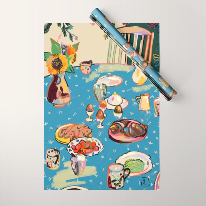 BREAKFAST IN THE GARDEN WITH SUNFLOWERS AND CROISSANTS Wrapping Paper Gallery Image 1
