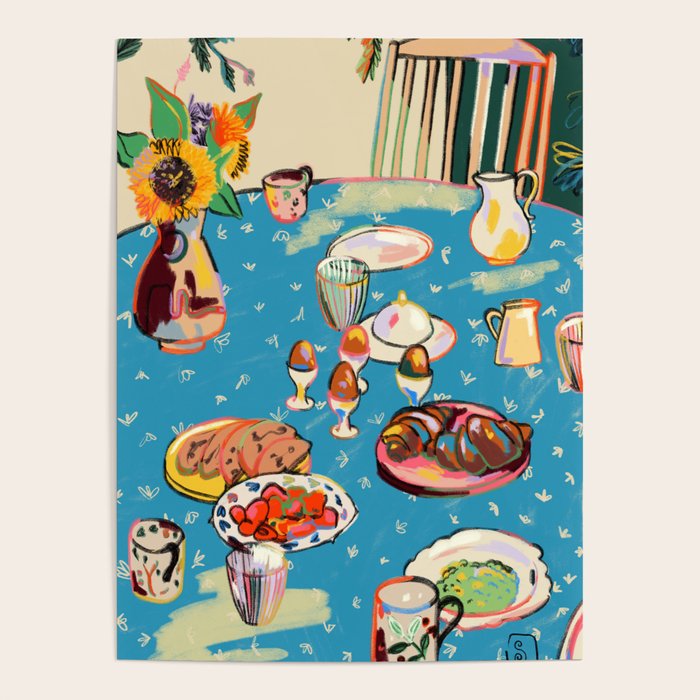 BREAKFAST IN THE GARDEN WITH SUNFLOWERS AND CROISSANTS Poster Gallery Image 1