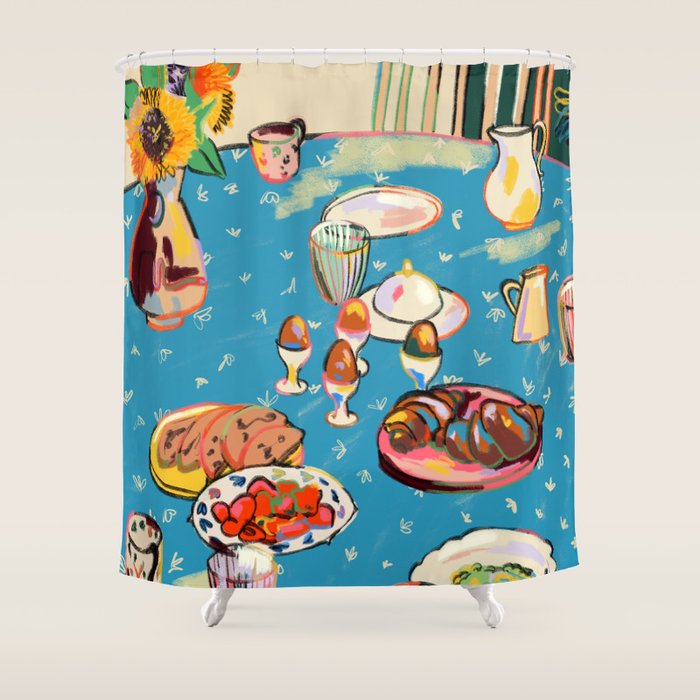 BREAKFAST IN THE GARDEN WITH SUNFLOWERS AND CROISSANTS Shower Curtain Gallery Image 1