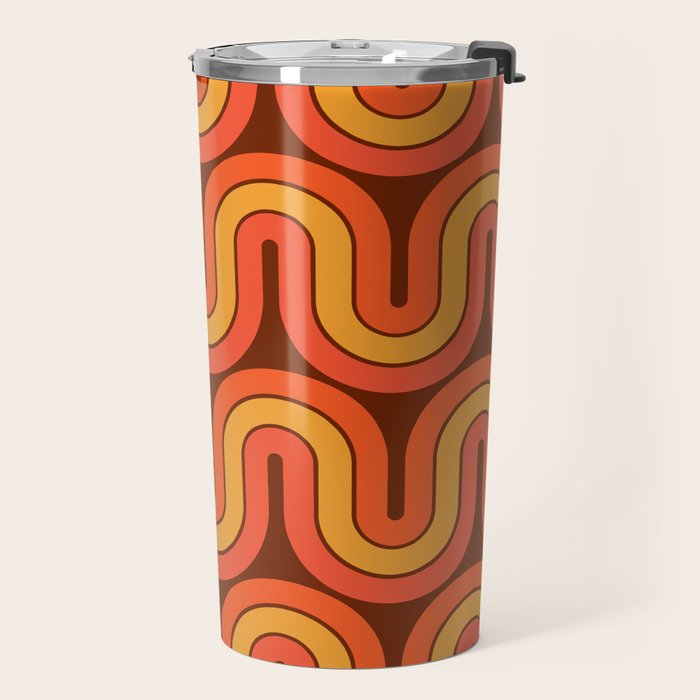 70s Retro Vintage Style Geometric Pattern Autumn Brown Orange and Yellow Travel Mug Gallery Image 2