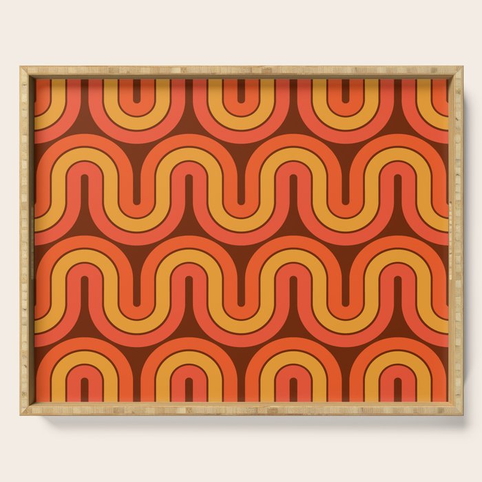 70s Retro Vintage Style Geometric Pattern Autumn Brown Orange and Yellow Serving Tray Gallery Image 1