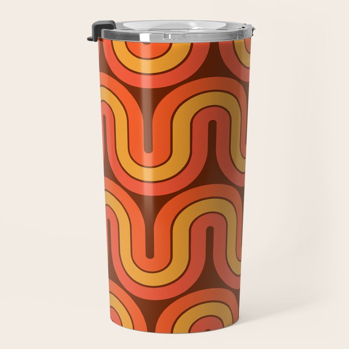 70s Retro Vintage Style Geometric Pattern Autumn Brown Orange and Yellow Travel Mug Gallery Image 3