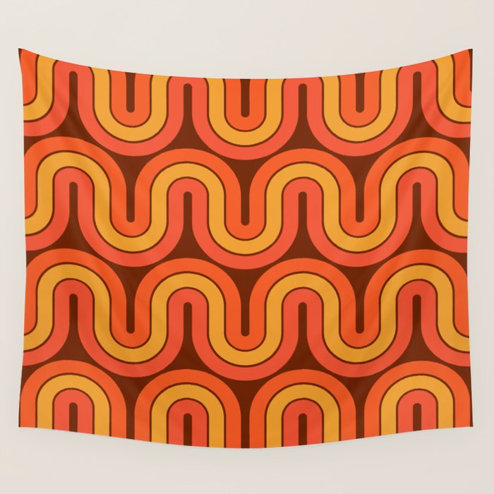 70s Retro Vintage Style Geometric Pattern Autumn Brown Orange and Yellow Wall Tapestry Gallery Image 1
