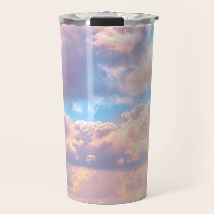 Beautiful Pink Cotton Candy Clouds Against Baby Blue Sky Fairytale Magical Sky Travel Mug Gallery Image 1