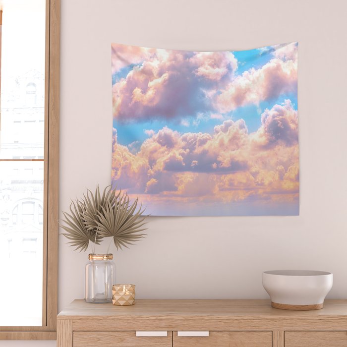 Beautiful Pink Cotton Candy Clouds Against Baby Blue Sky Fairytale Magical Sky Wall Tapestry Gallery Image 2