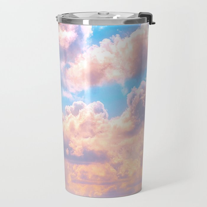 Beautiful Pink Cotton Candy Clouds Against Baby Blue Sky Fairytale Magical Sky Travel Mug Gallery Image 2