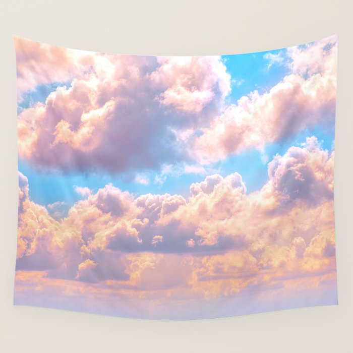 Beautiful Pink Cotton Candy Clouds Against Baby Blue Sky Fairytale Magical Sky Wall Tapestry Gallery Image 1
