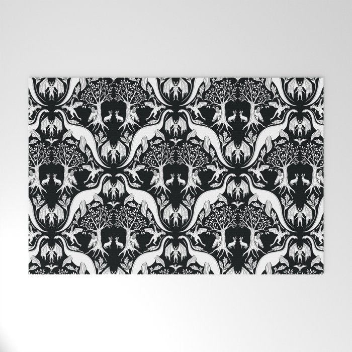 Black & White Cryptid Damask Welcome Mat Gallery Image 1