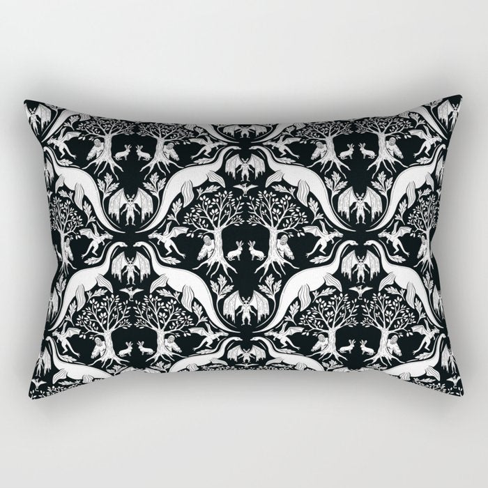Black & White Cryptid Damask Rectangular Pillow Gallery Image 2