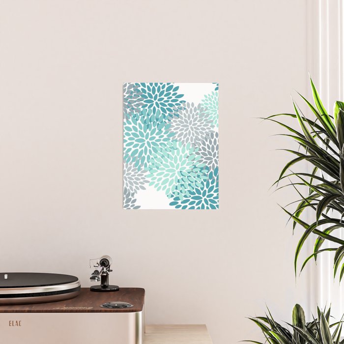 Floral Pattern, Aqua, Teal, Turquoise and Gray Poster Gallery Image 2