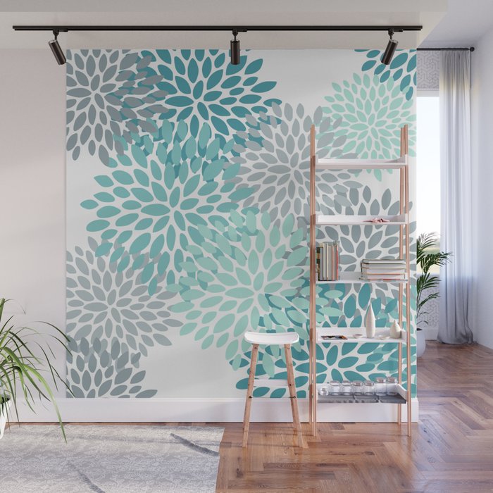 Floral Pattern, Aqua, Teal, Turquoise and Gray Wall Mural Gallery Image 1