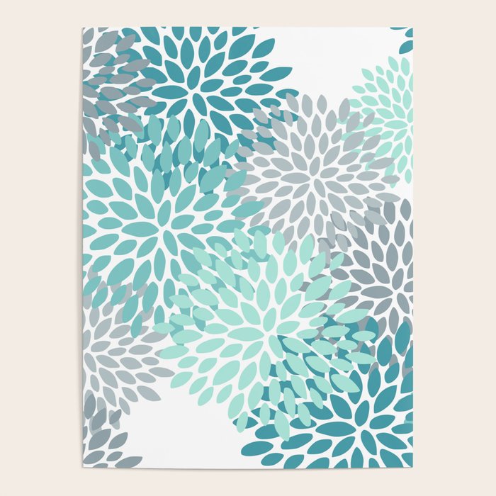 Floral Pattern, Aqua, Teal, Turquoise and Gray Poster Gallery Image 4