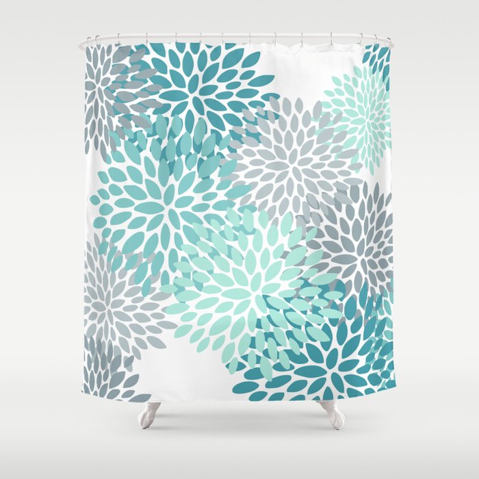 Floral Pattern, Aqua, Teal, Turquoise and Gray Shower Curtain Gallery Image 1