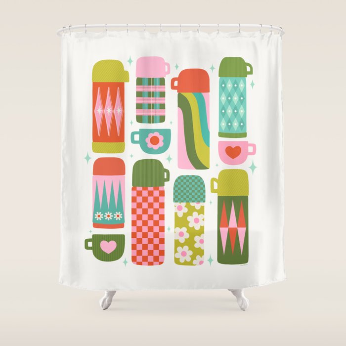 Retro Coffee Thermoses Multicolor on White Shower Curtain Gallery Image 1