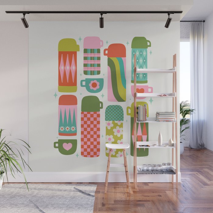 Retro Coffee Thermoses Multicolor on White Wall Mural Gallery Image 1