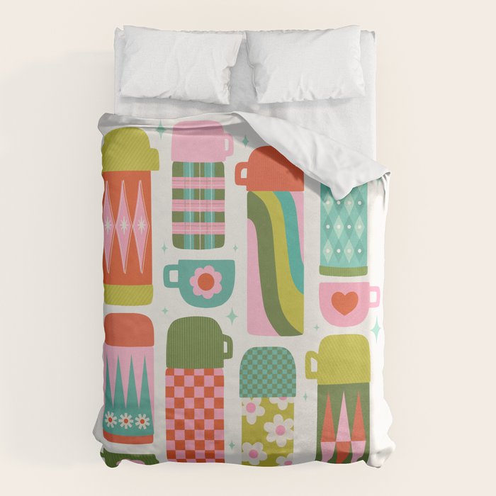 Retro Coffee Thermoses Multicolor on White Duvet Cover Gallery Image 6