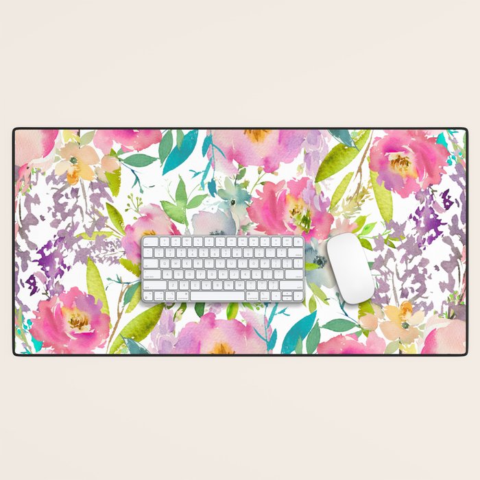 Hand painted pink lavender lilac teal watercolor elegant floral Desk Mat Gallery Image 1