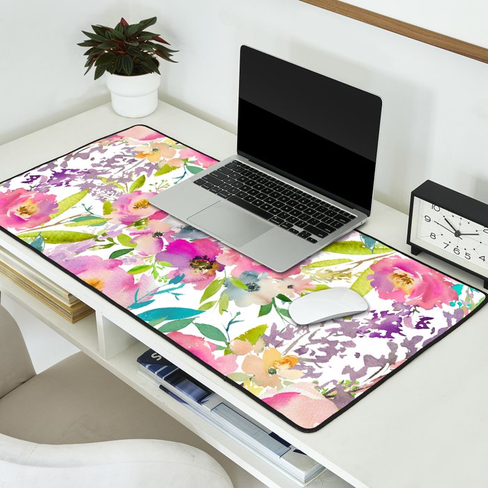 Hand painted pink lavender lilac teal watercolor elegant floral Desk Mat Gallery Image 2