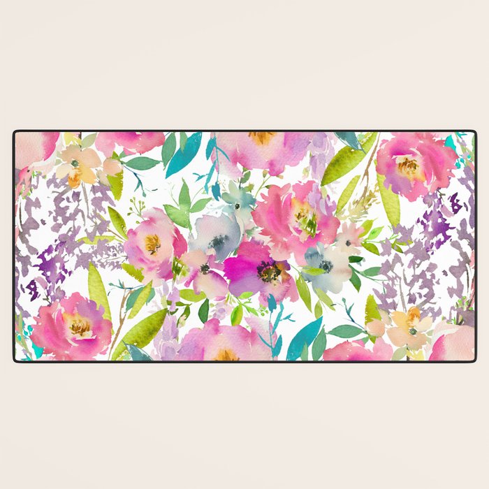 Hand painted pink lavender lilac teal watercolor elegant floral Desk Mat Gallery Image 3