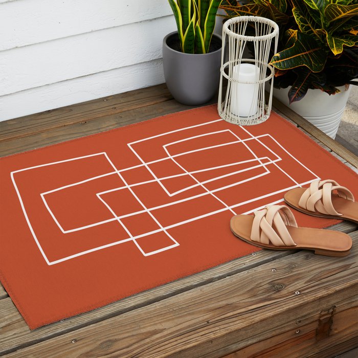 Burnt Orange White Line Art Minimalist Orange Artwork Outdoor Rug Gallery Image 2