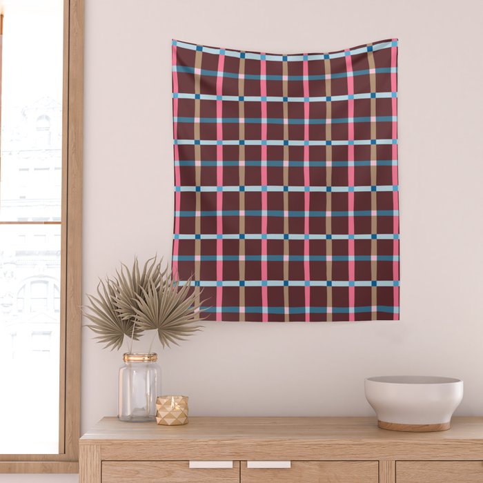 Windowpane Plaid Burgundy Wall Tapestry Gallery Image 2