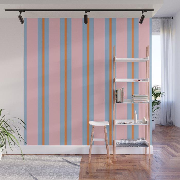 Cute Basic Stripe Pattern in Pink, Light Blue, and Orange Wall Mural Gallery Image 1