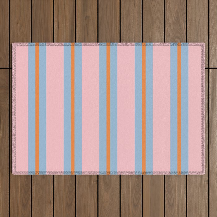 Cute Basic Stripe Pattern in Pink, Light Blue, and Orange Outdoor Rug Gallery Image 1