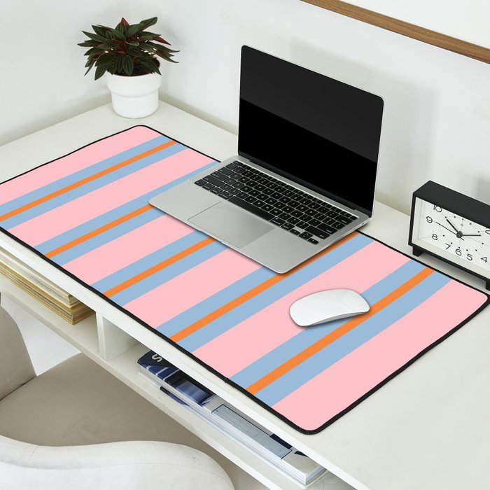 Cute Basic Stripe Pattern in Pink, Light Blue, and Orange Desk Mat Gallery Image 2