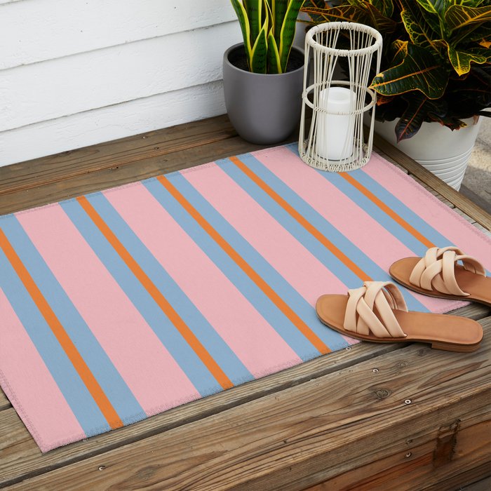 Cute Basic Stripe Pattern in Pink, Light Blue, and Orange Outdoor Rug Gallery Image 2