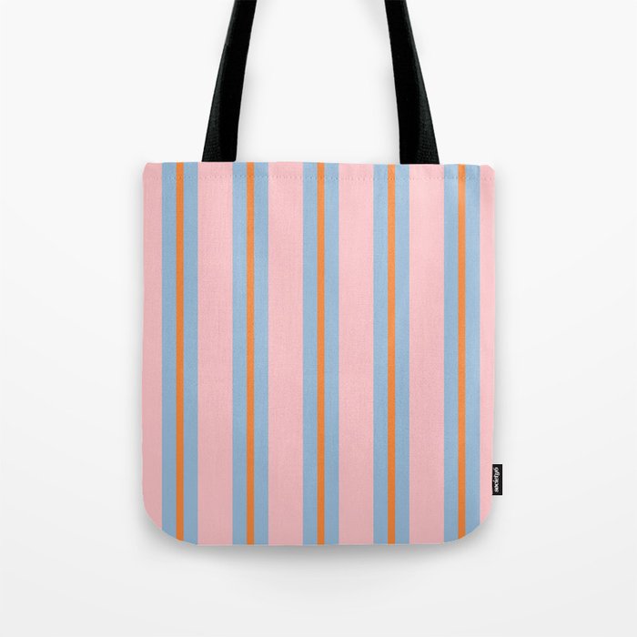 Cute Basic Stripe Pattern in Pink, Light Blue, and Orange Tote Bag Gallery Image 1